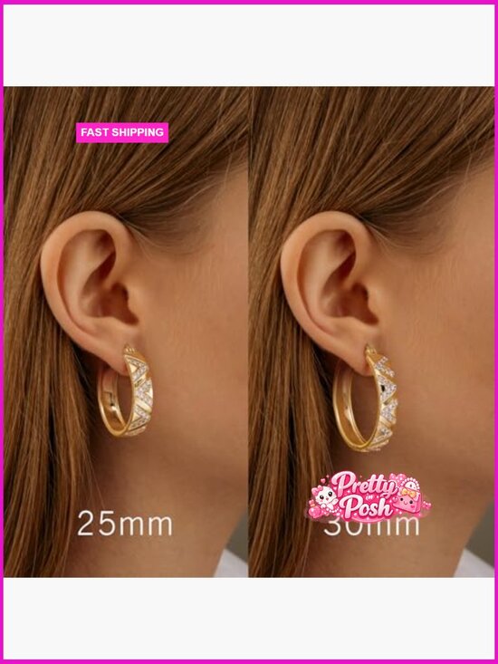 14K Gold Plated Hoop Earrings with Cubic Zirconia V-Shaped Design
